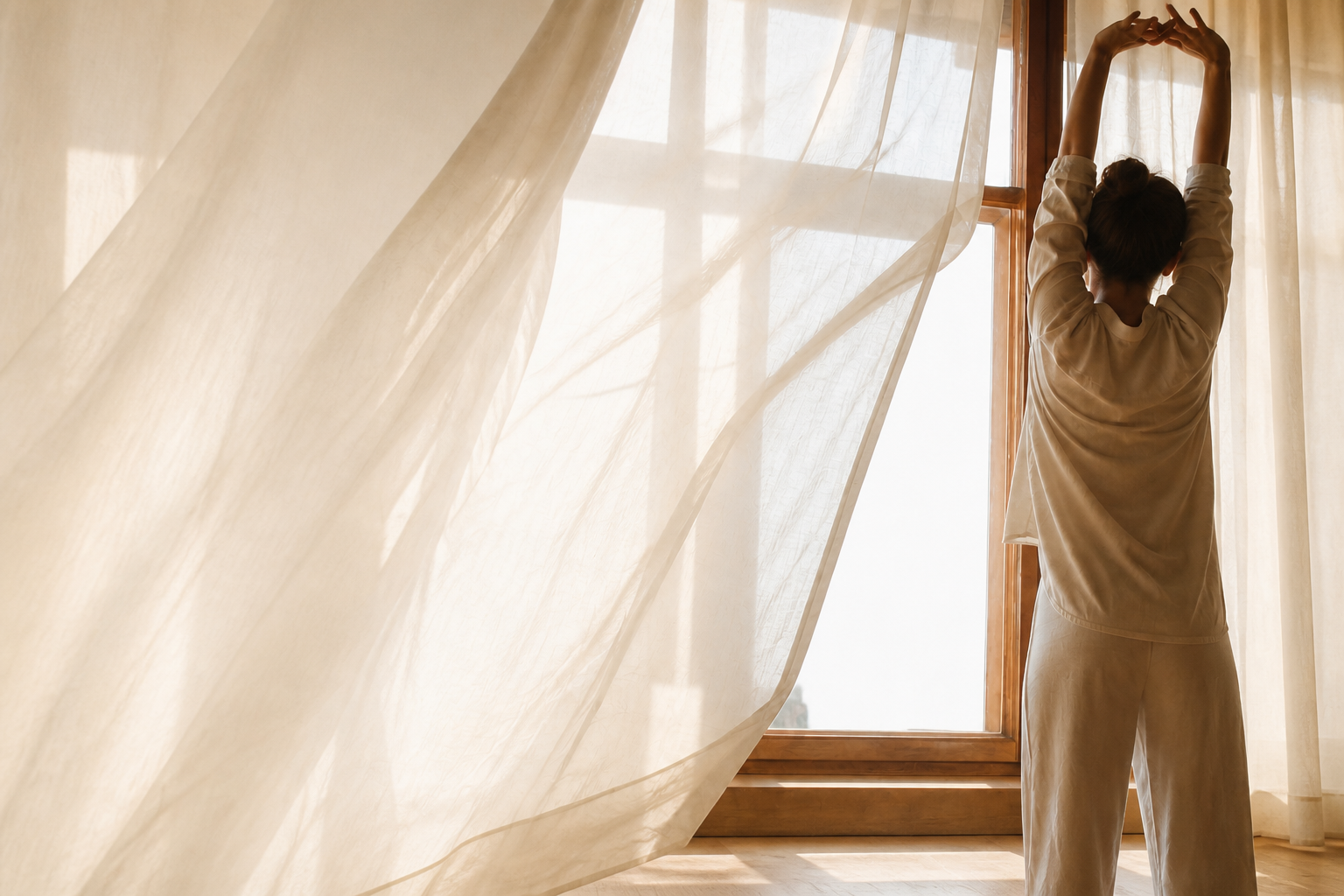 Morning light through linen curtains as a person stretches