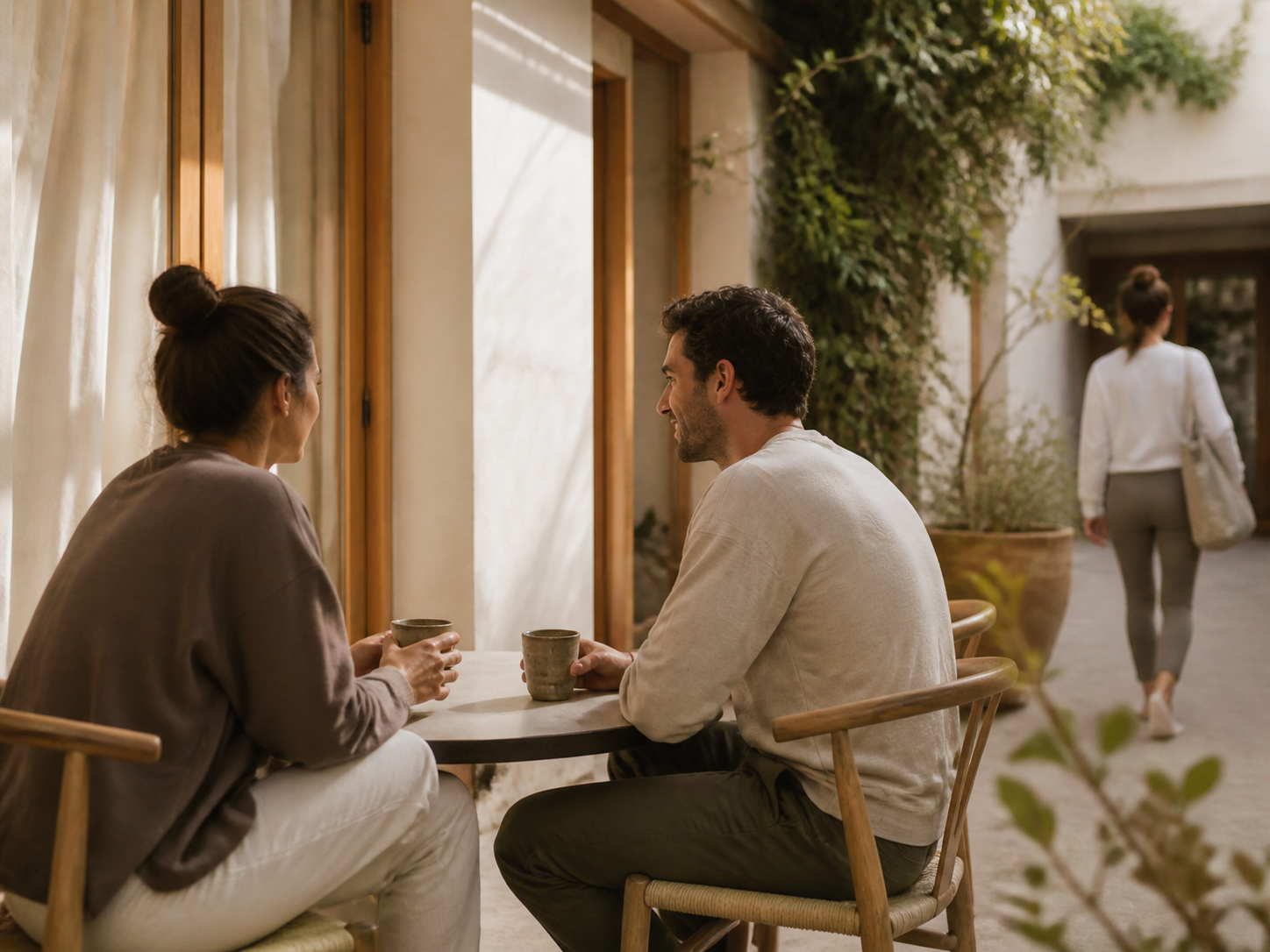 RIOwell members sharing a quiet moment in the courtyard